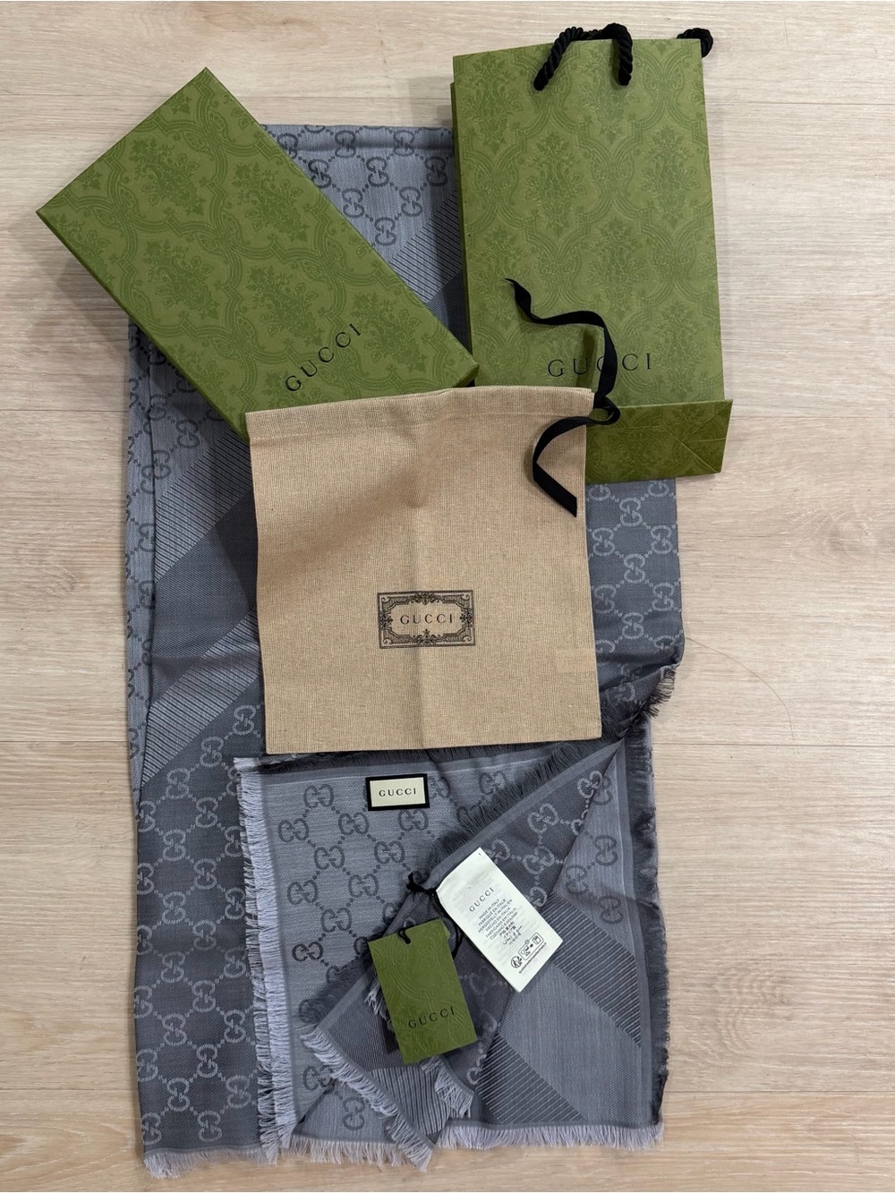 Gucci GG Web Wool- Silk Blend Scarf 45cm x 180cm NWT Complete box and bag